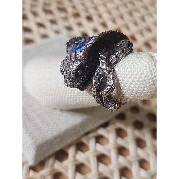 Vintage Sterling Silver Blue Green Enamel Coiled Snake Ring size 6 - Picture 5 of 9